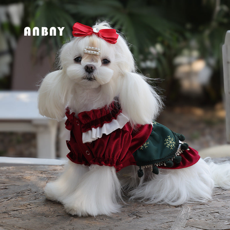 PawsCube - Pet Clothing Autumn Velvet Anti-Hair Loss Puppy Small Dog Skirt Puppy Dog Christmas Dress